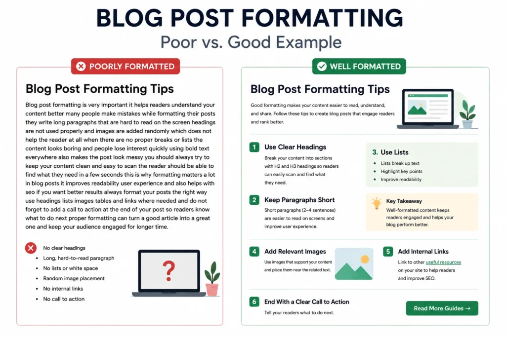Poor and well-formatted blog post examples showing headings, short paragraphs, lists, images, internal links, and a clear call to action