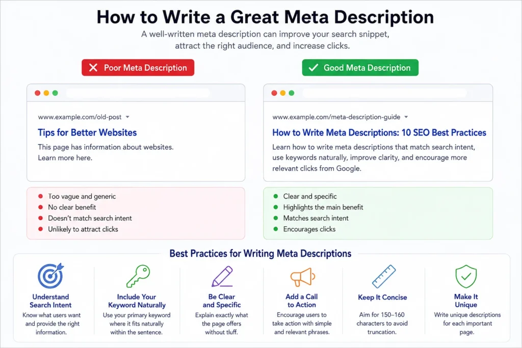 Good and bad meta description examples showing search intent, keyword use, clarity, calls to action, and concise writing