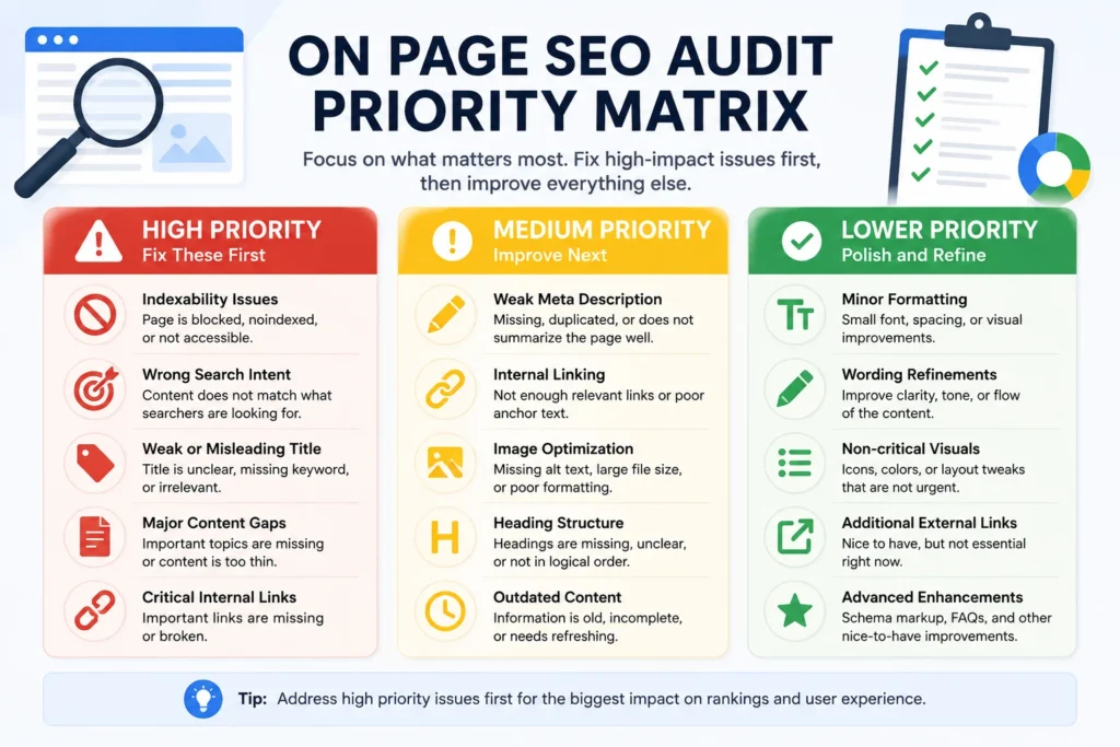 On page SEO audit priority matrix showing high, medium, and lower priority fixes for indexability, search intent, metadata, links, images, headings, and content
