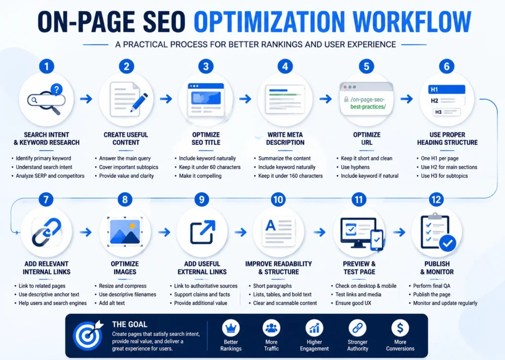 On-page SEO workflow covering search intent, content, titles, links, images, QA, and publishing