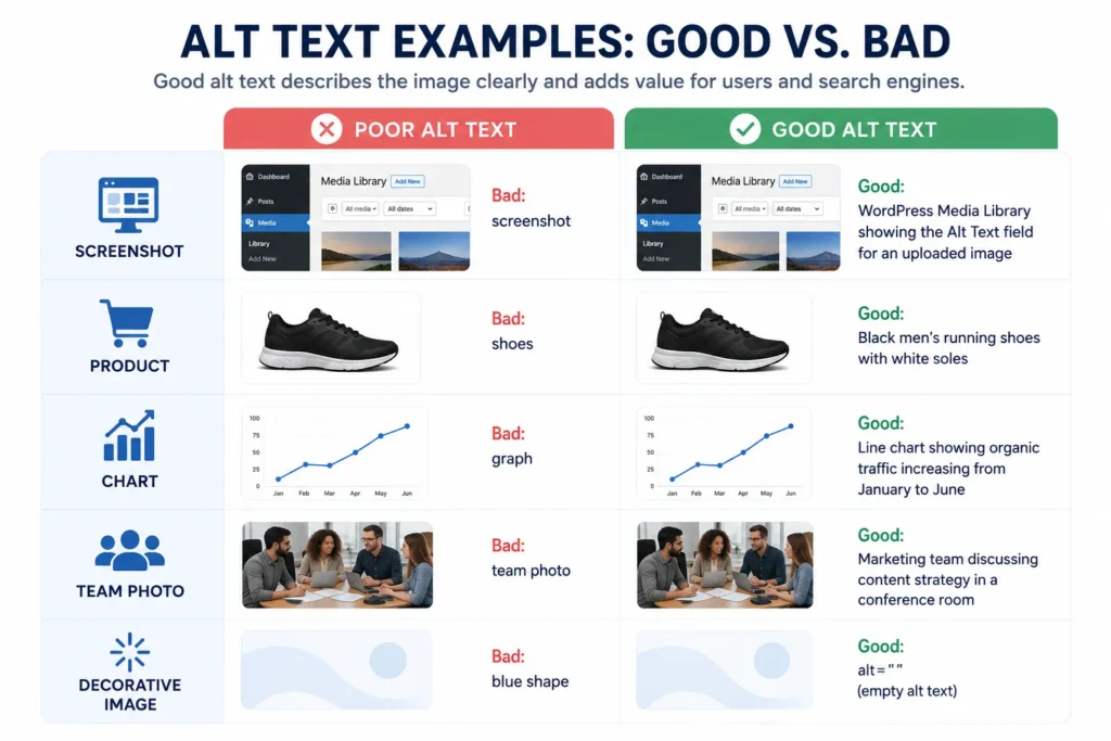 Good and bad alt text examples for screenshots, products, charts, team photos, and decorative images