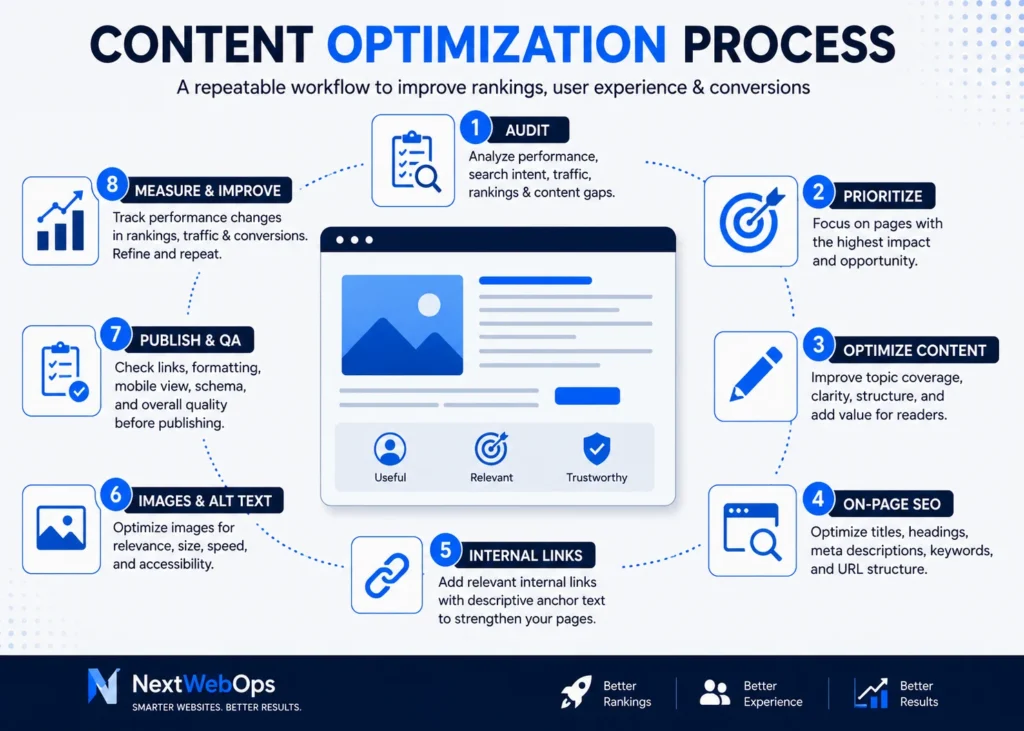Content optimization process from audit through performance measurement