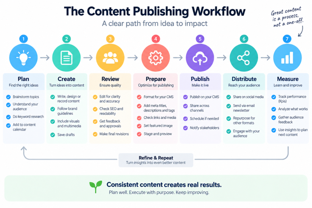Content publishing workflow template showing stages, owners, approvals and publishing tasks