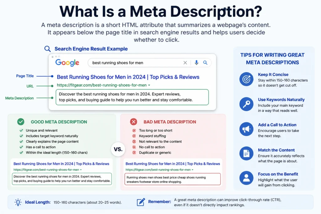 Good and bad meta description examples compared for SEO