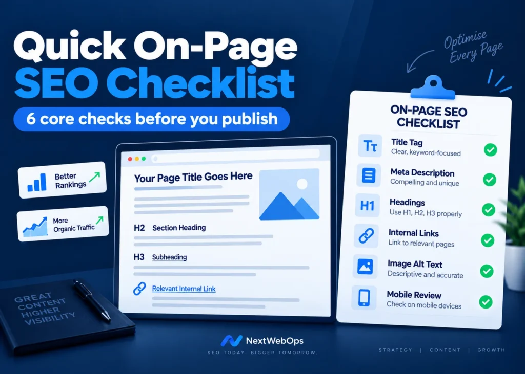 Quick on page SEO checklist with six core checks before publishing