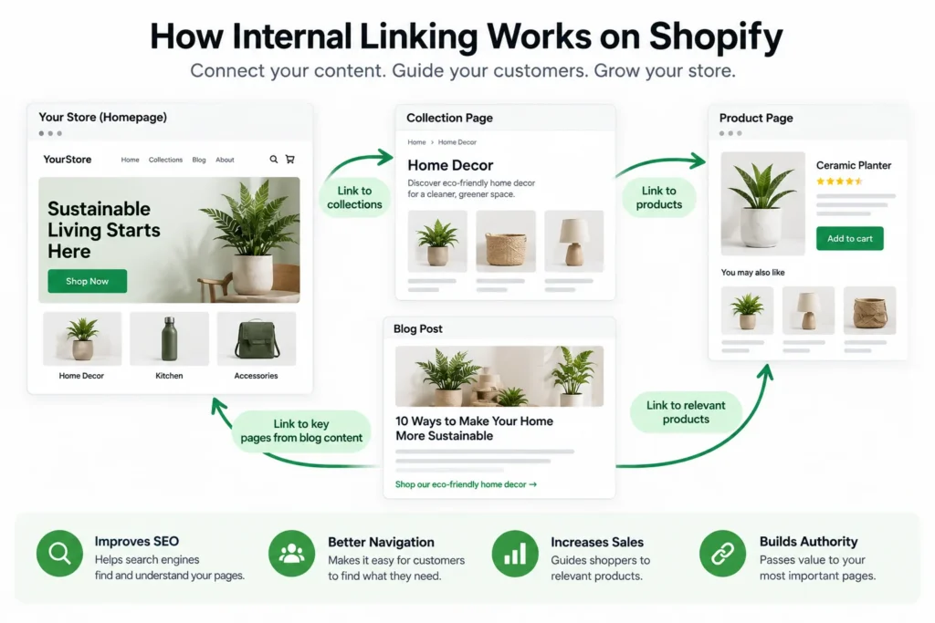 Shopify internal linking example from blog content to collections and product pages