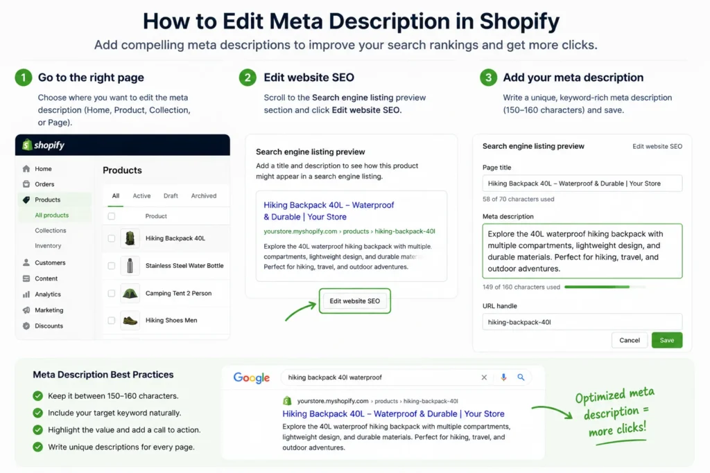 Shopify meta description examples for products collections homepage and blog posts