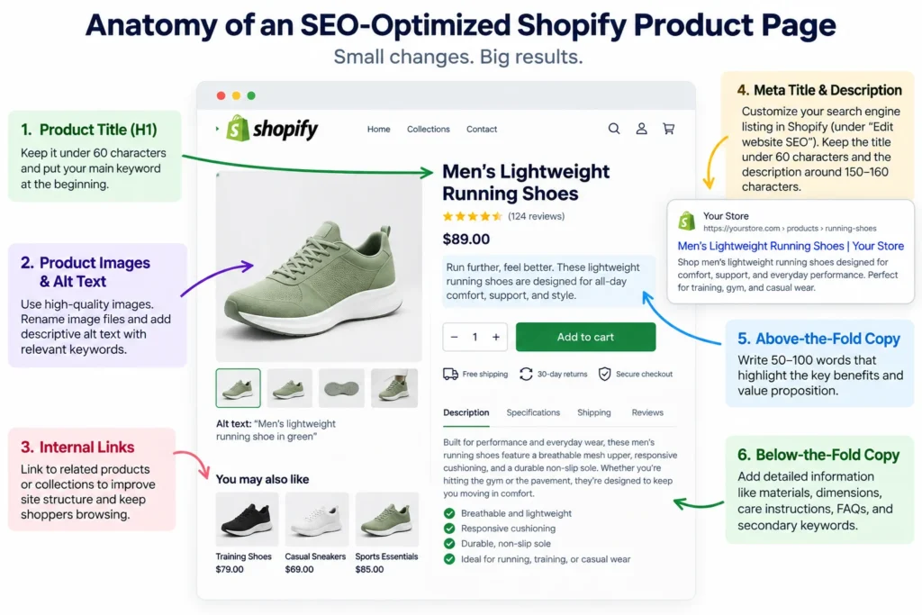 Shopify product description SEO example comparing weak and optimized ecommerce product copy