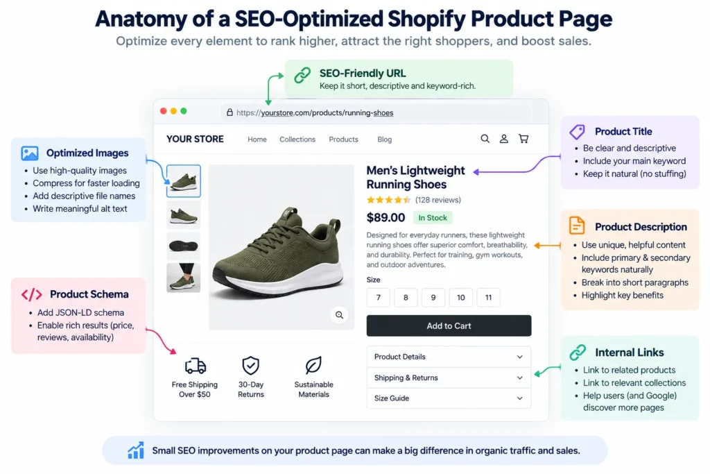 Shopify product page SEO checklist for content, images, metadata, internal links, schema and publishing QA