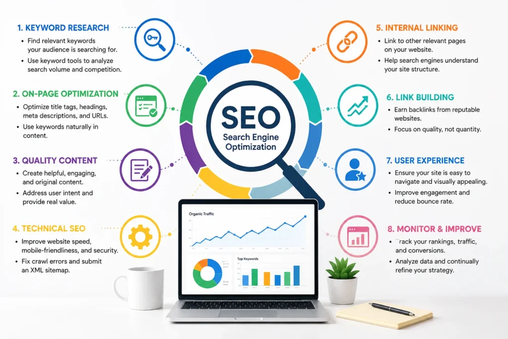 Website SEO step-by-step workflow from keyword research to performance monitoring