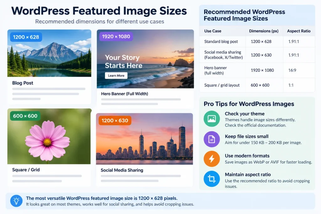 WordPress featured image sizing guide comparing cropping, blurry images and optimized dimensions