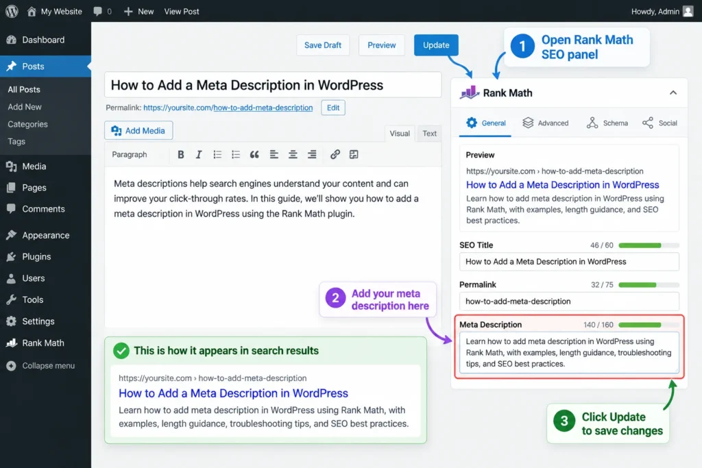 WordPress meta description example comparing generic and optimized search snippets