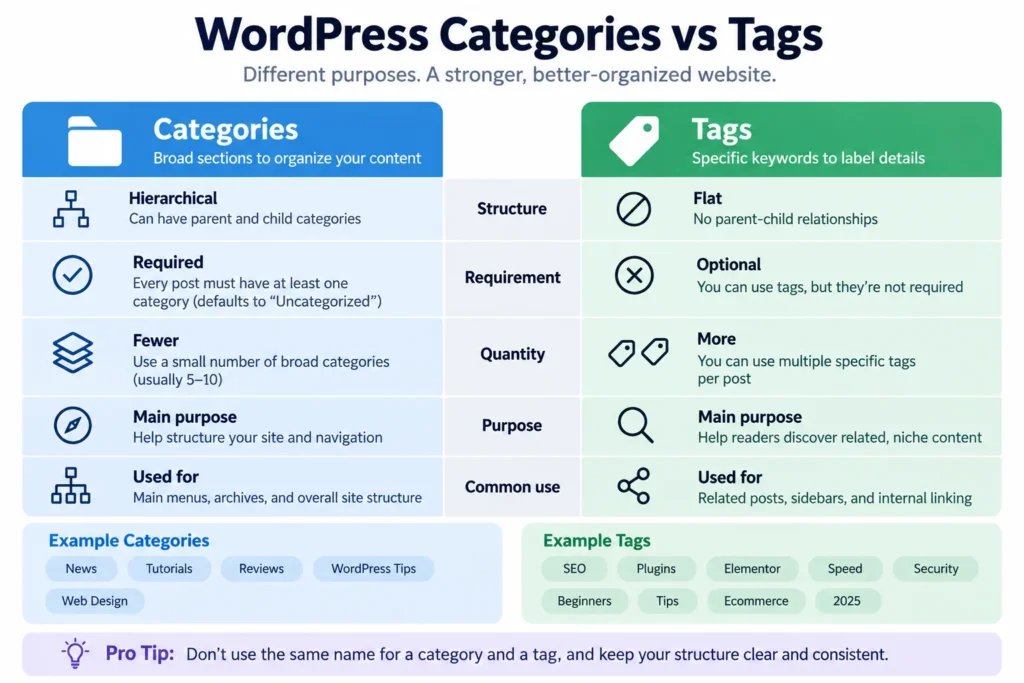 WordPress taxonomy example showing categories and tags across related website content