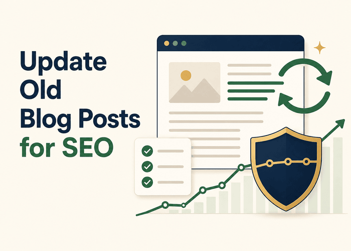 Illustration showing an old blog post being refreshed while protecting and improving its SEO rankings