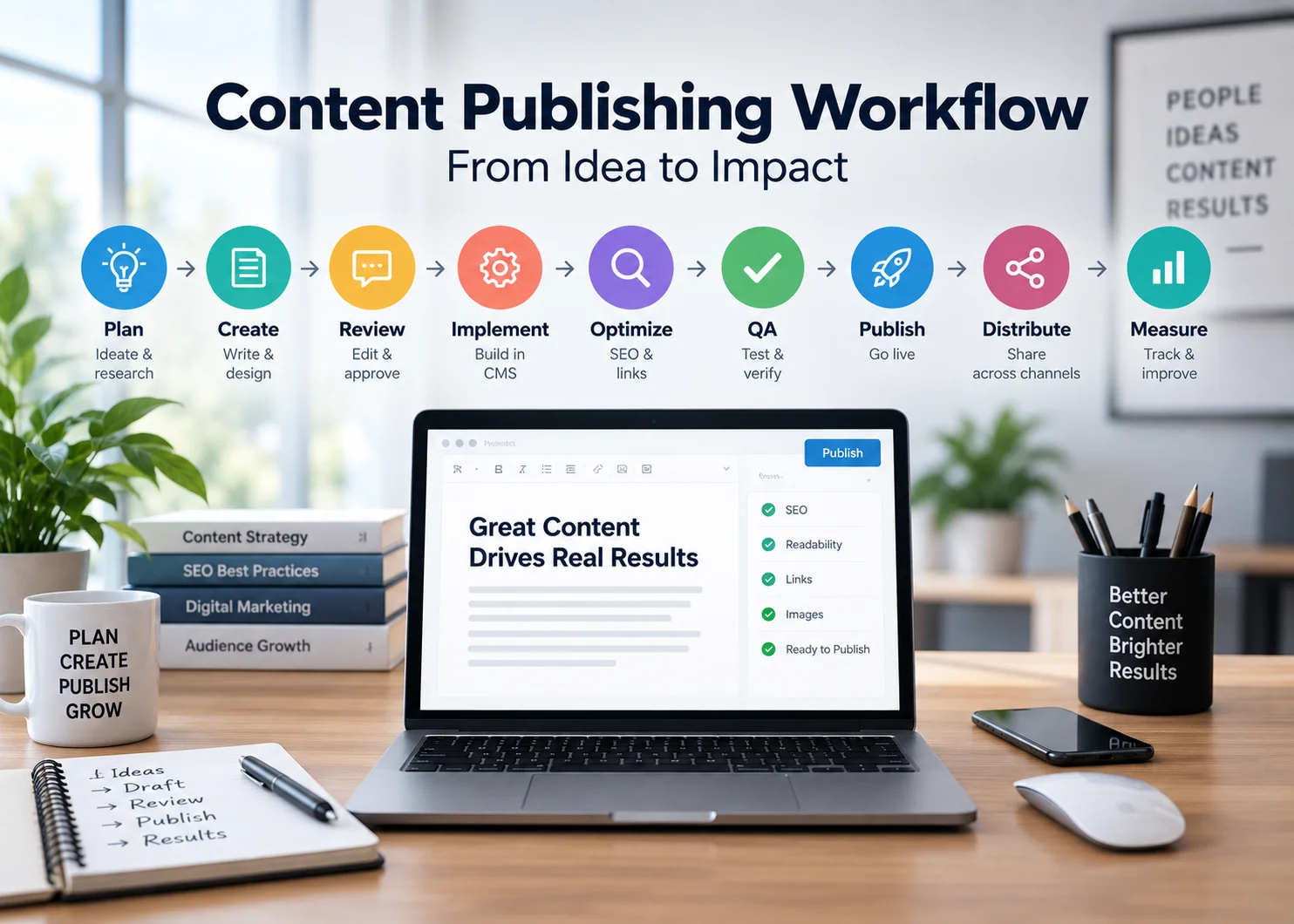 Content publishing workflow from planning and writing through CMS implementation, QA and publishing