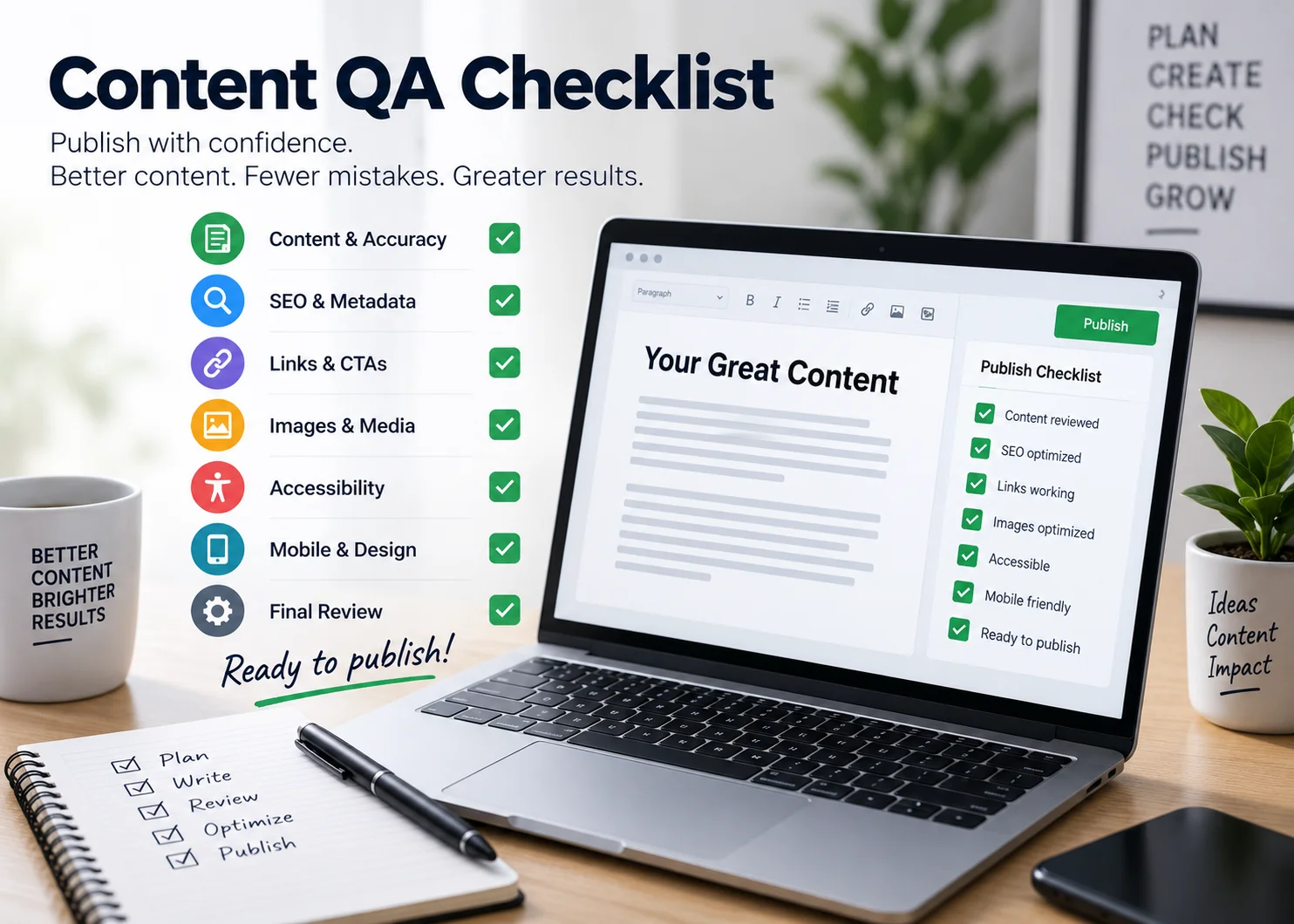 Content QA checklist for SEO, links, images, accessibility, formatting and publishing