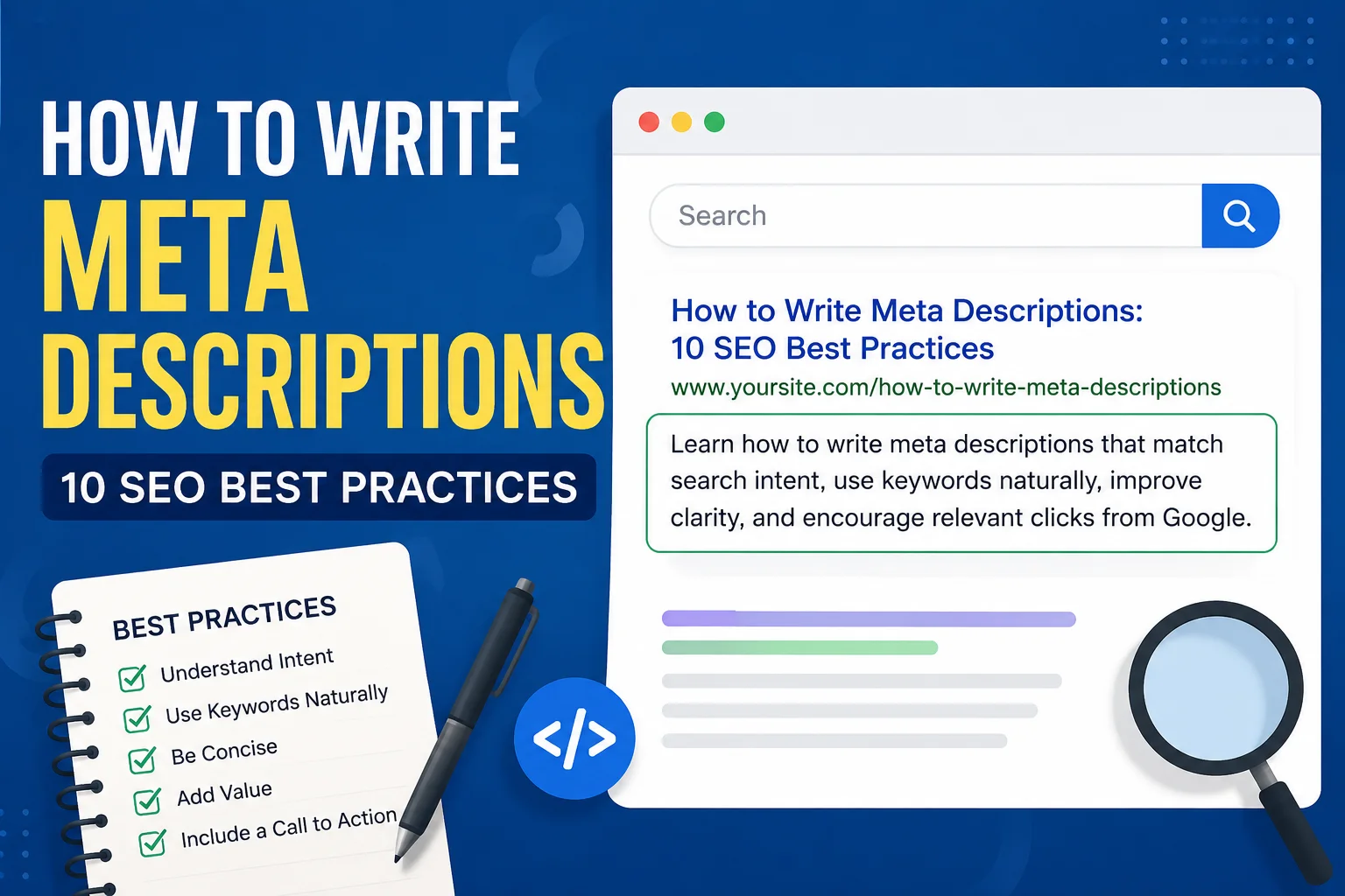 How to write meta descriptions using SEO best practices for search intent, keywords, clarity, and click relevance