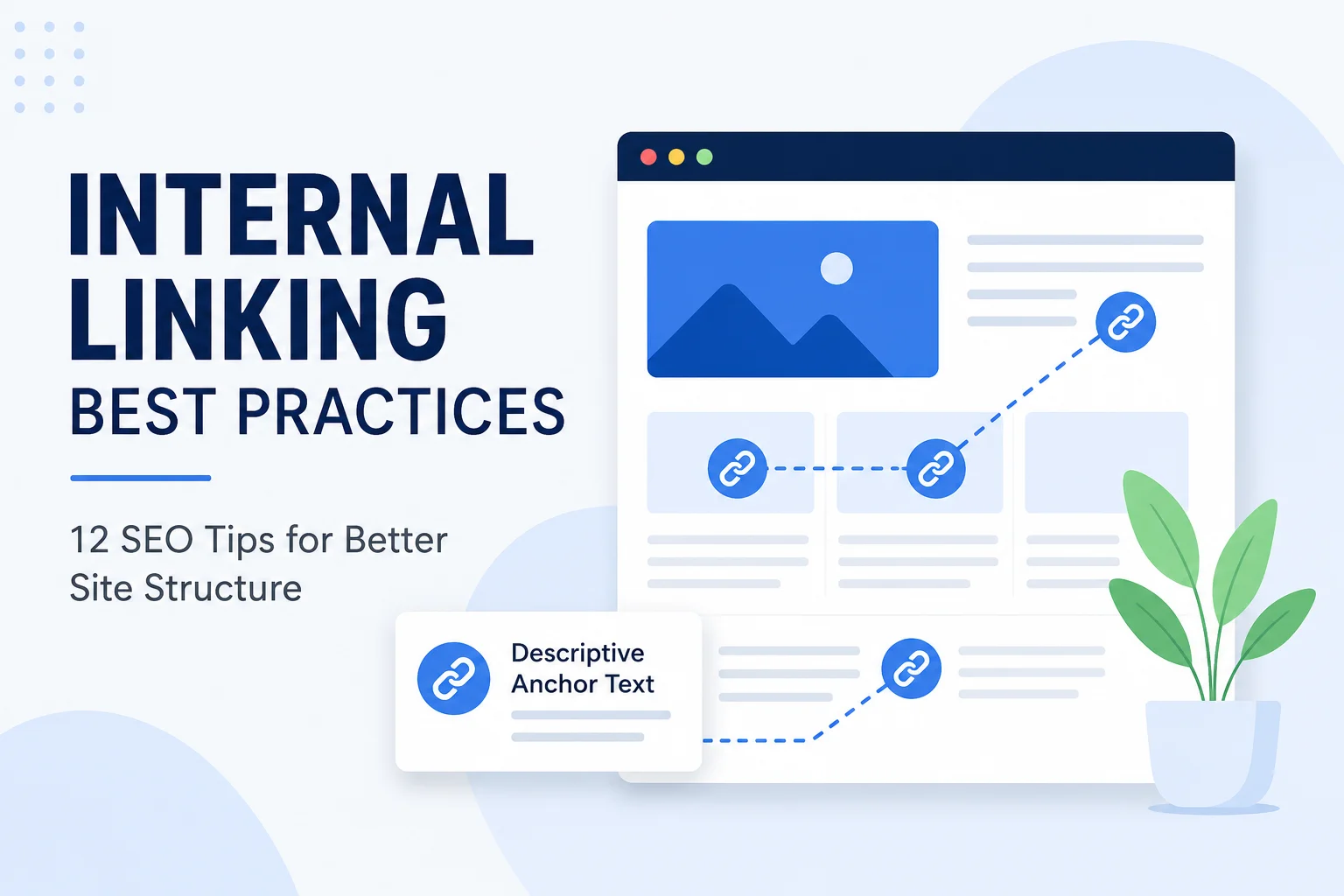 Internal linking best practices showing connected website pages and descriptive anchor text for better site structure