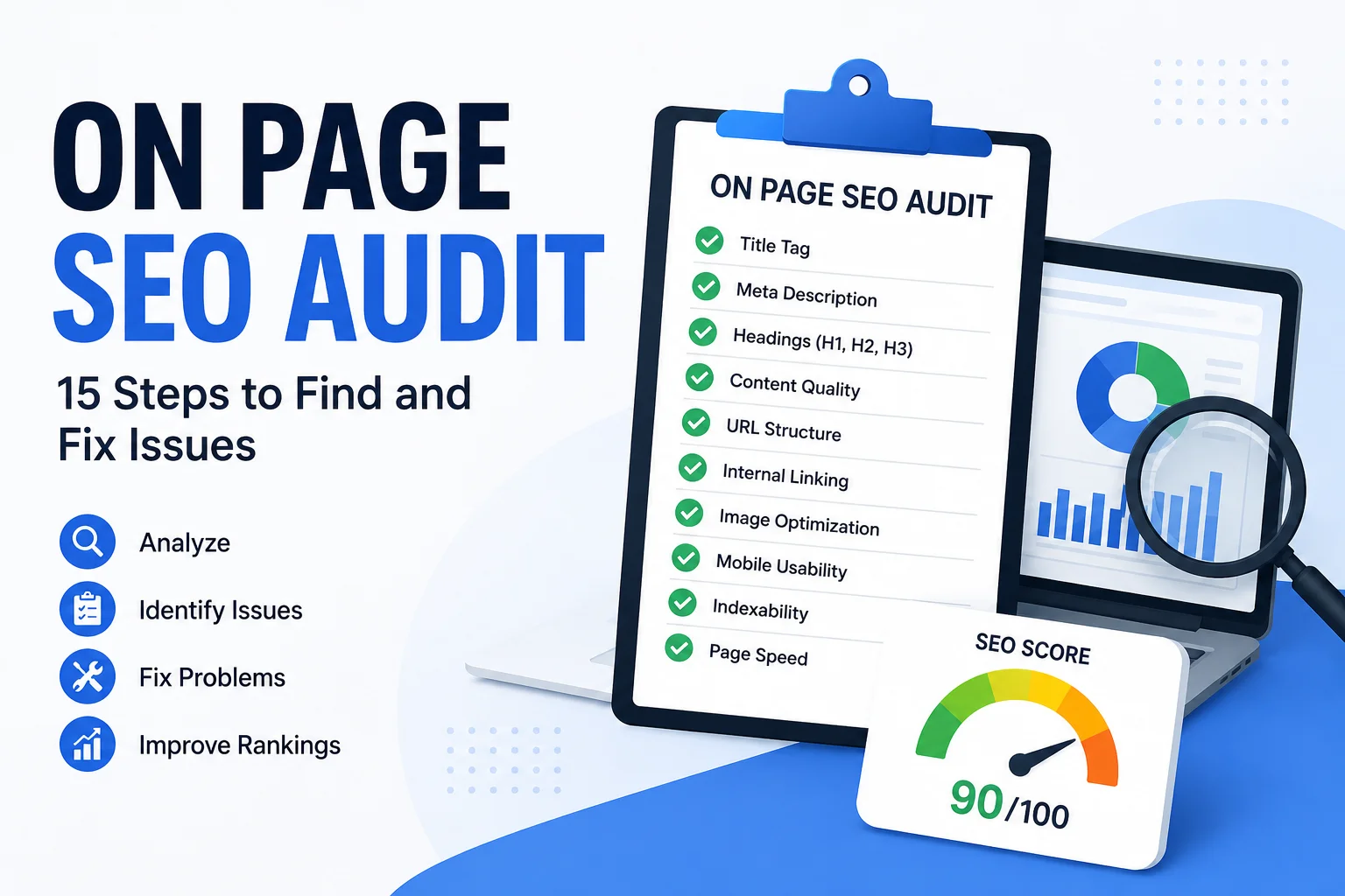 On page SEO audit checklist showing title tag, meta description, headings, content quality, URL structure, internal linking, image optimization, mobile usability, indexability, and SEO performance.