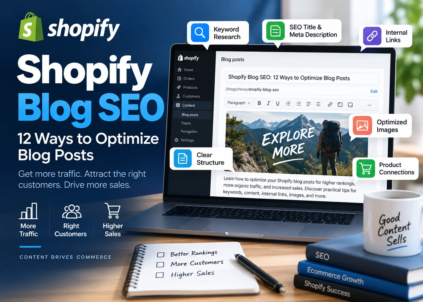 Shopify blog SEO optimization with keywords, internal links, metadata and product connections