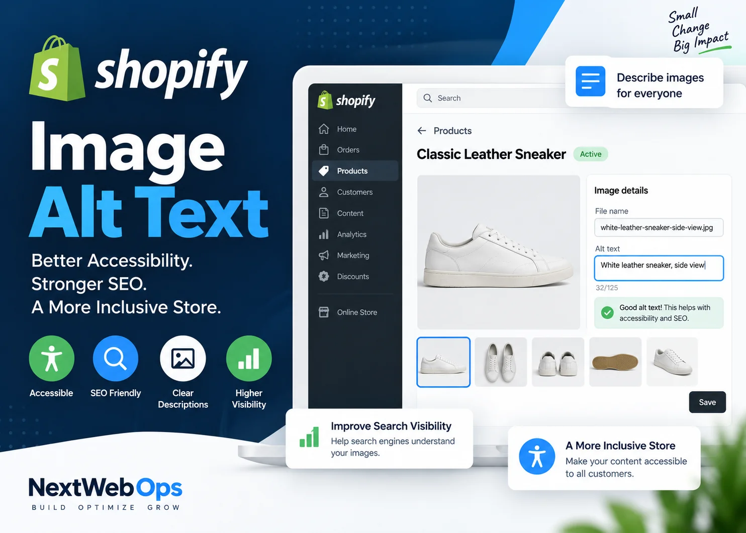 Shopify image alt text optimization showing product image descriptions and SEO settings