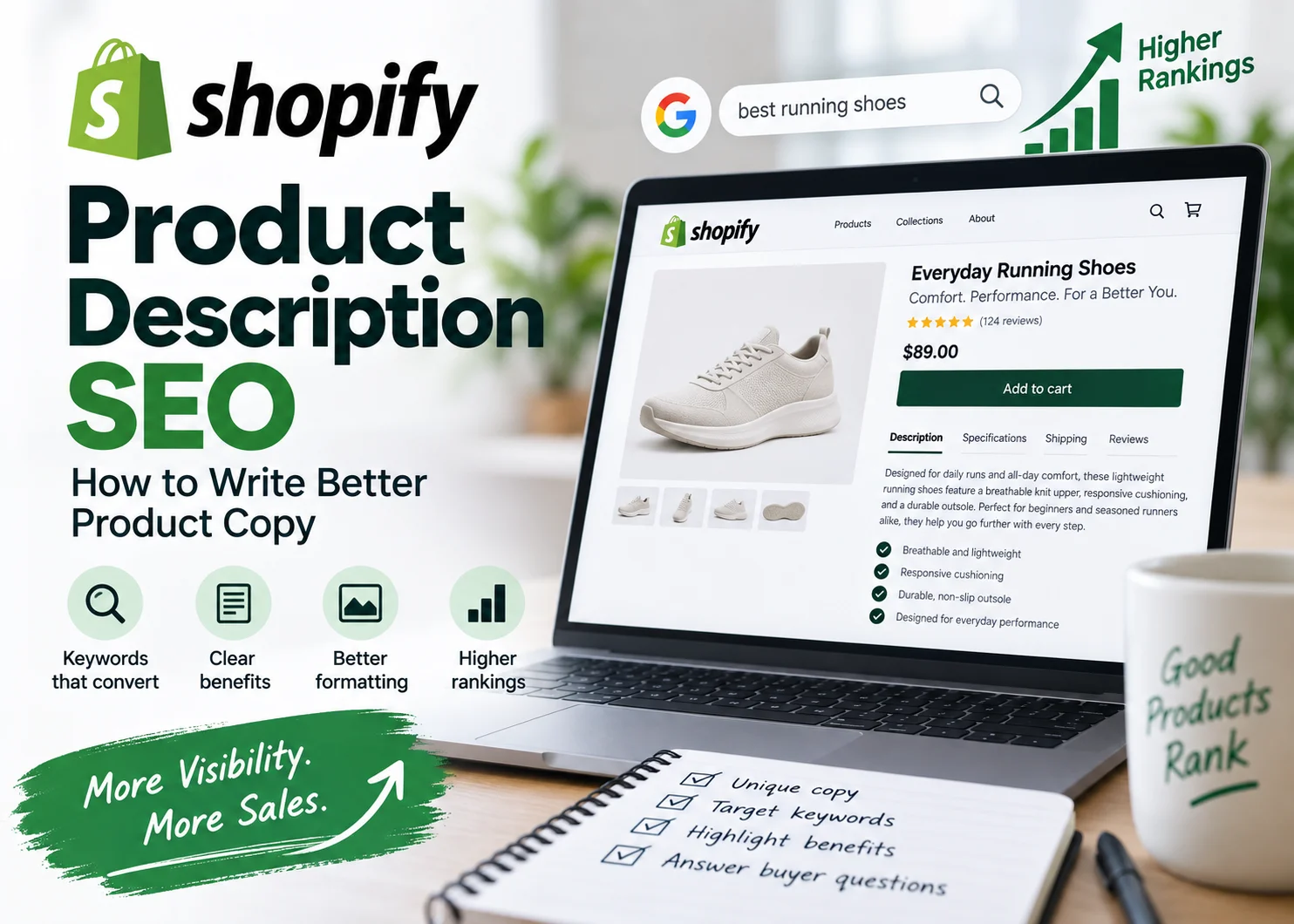 Shopify product description SEO showing optimized product copy, benefits, keywords and formatting