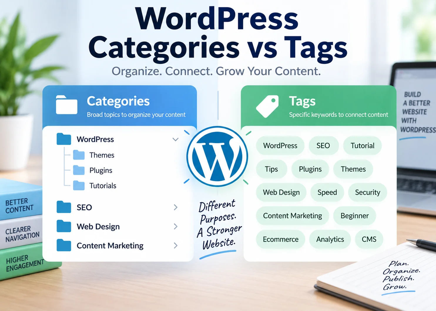 WordPress categories vs tags comparison showing structure, hierarchy and content organization