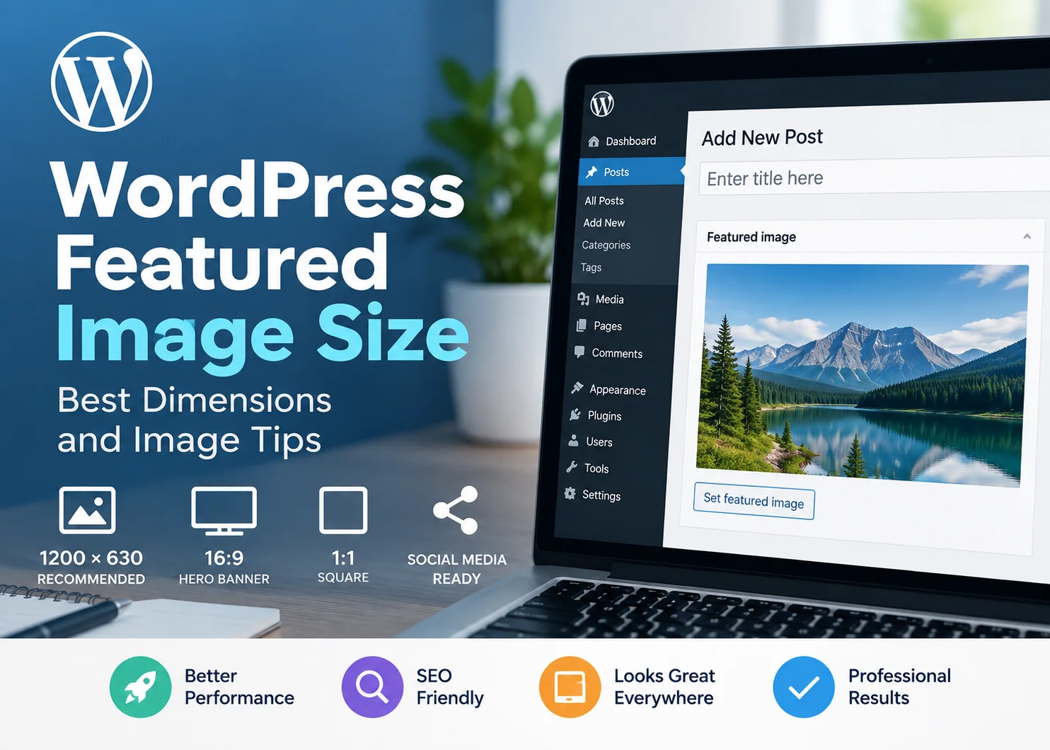 WordPress featured image size showing dimensions, aspect ratio and responsive display examples